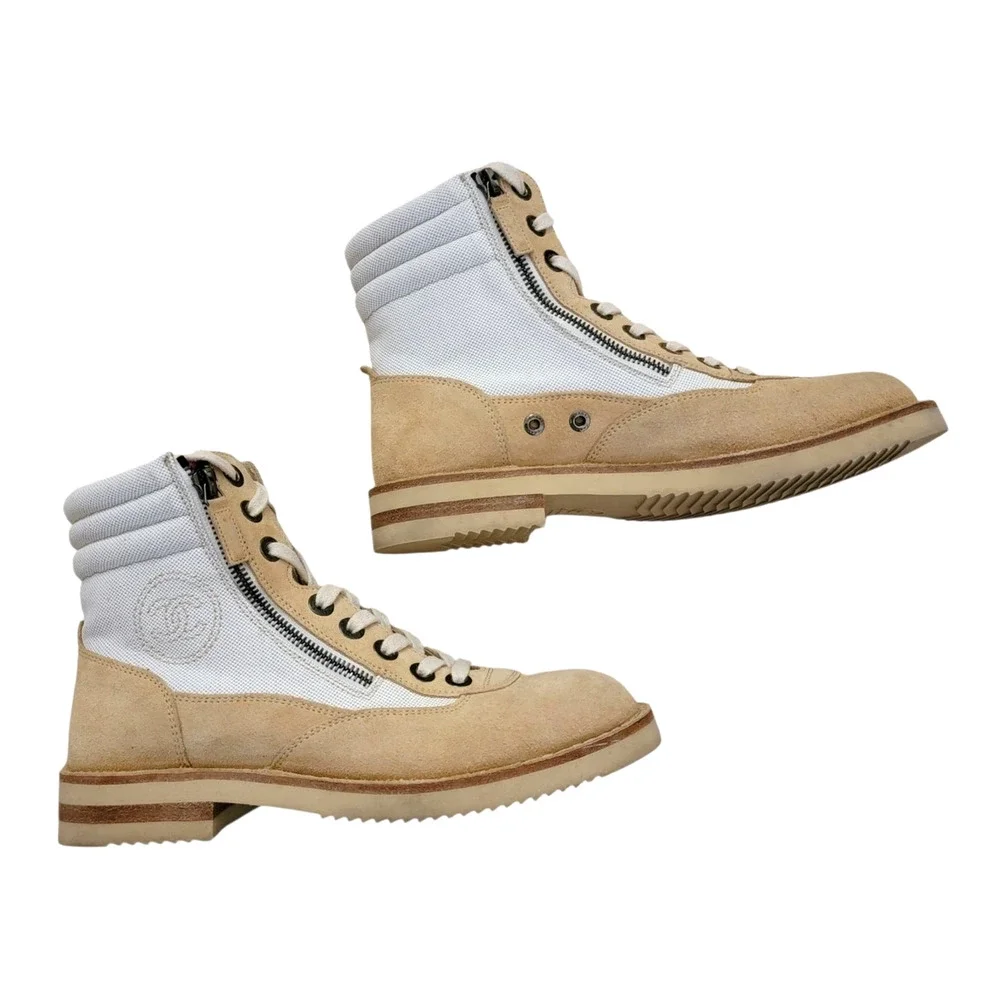 Chanel Combat Ankle Suede CC Logo Lace Up Beige Hiking Boots Canvas IT 38 US 7.5